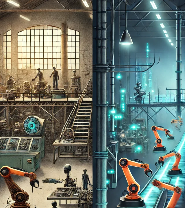 DALL·E 2024-12-29 16.00.31 - Una ilustración vertical que muestra una comparación entre una fábrica obsoleta y una línea de producción moderna. En la parte superior, una fábrica a